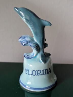 Vintage Florida Dolphin Ceramic Hand Bell - Light Blue GF